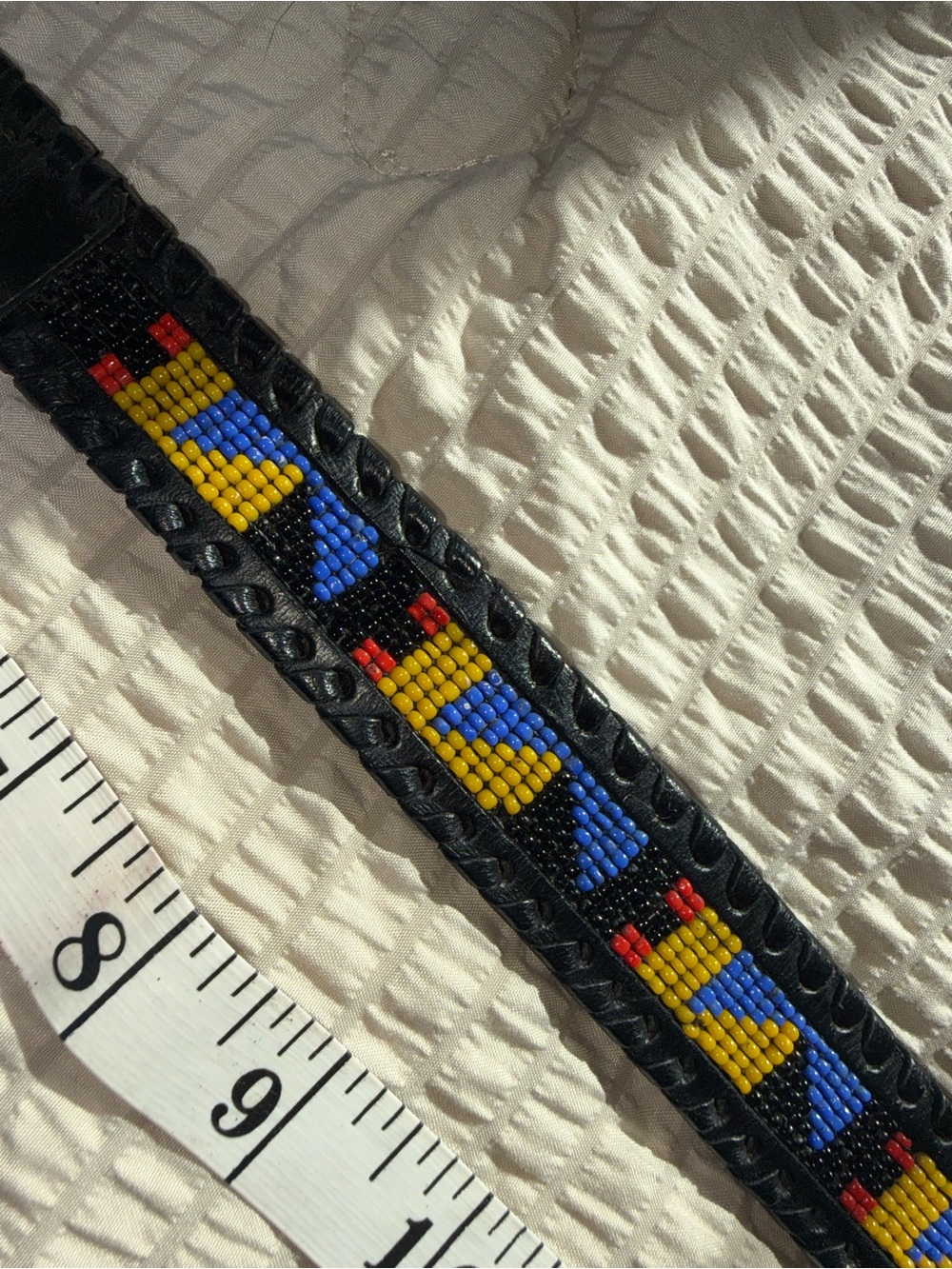 Vintage Black Leather Slim Beaded Belt Silver Southwestern Art Deco Buckle